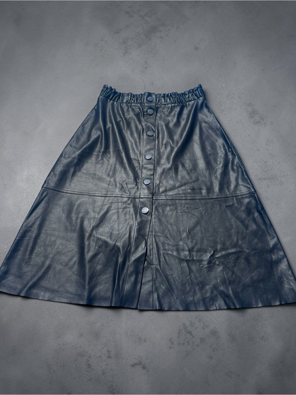Zara Basic BlackFaux Leather A-Line‎ Button-Front Skirt